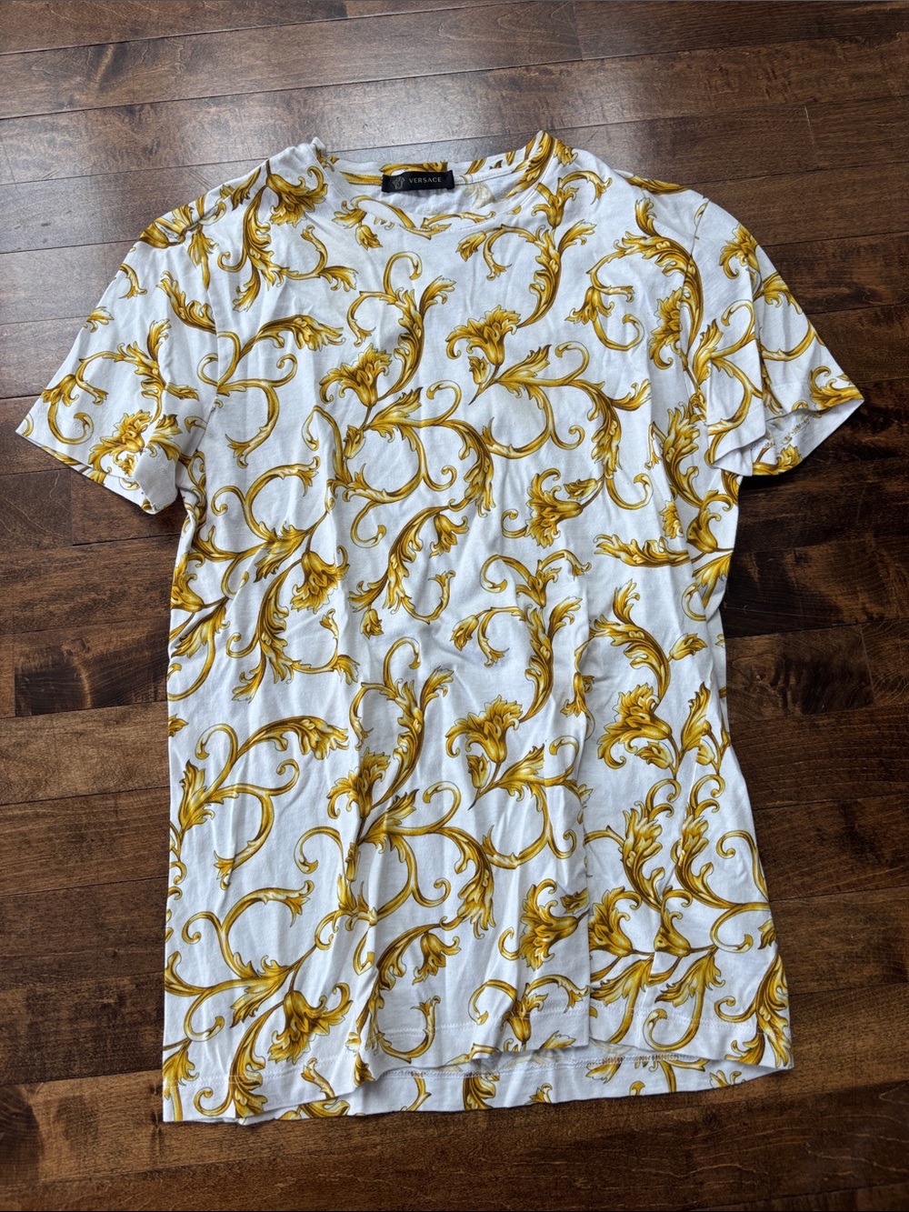 Versace White Tee with Gold Baroque Scrolls